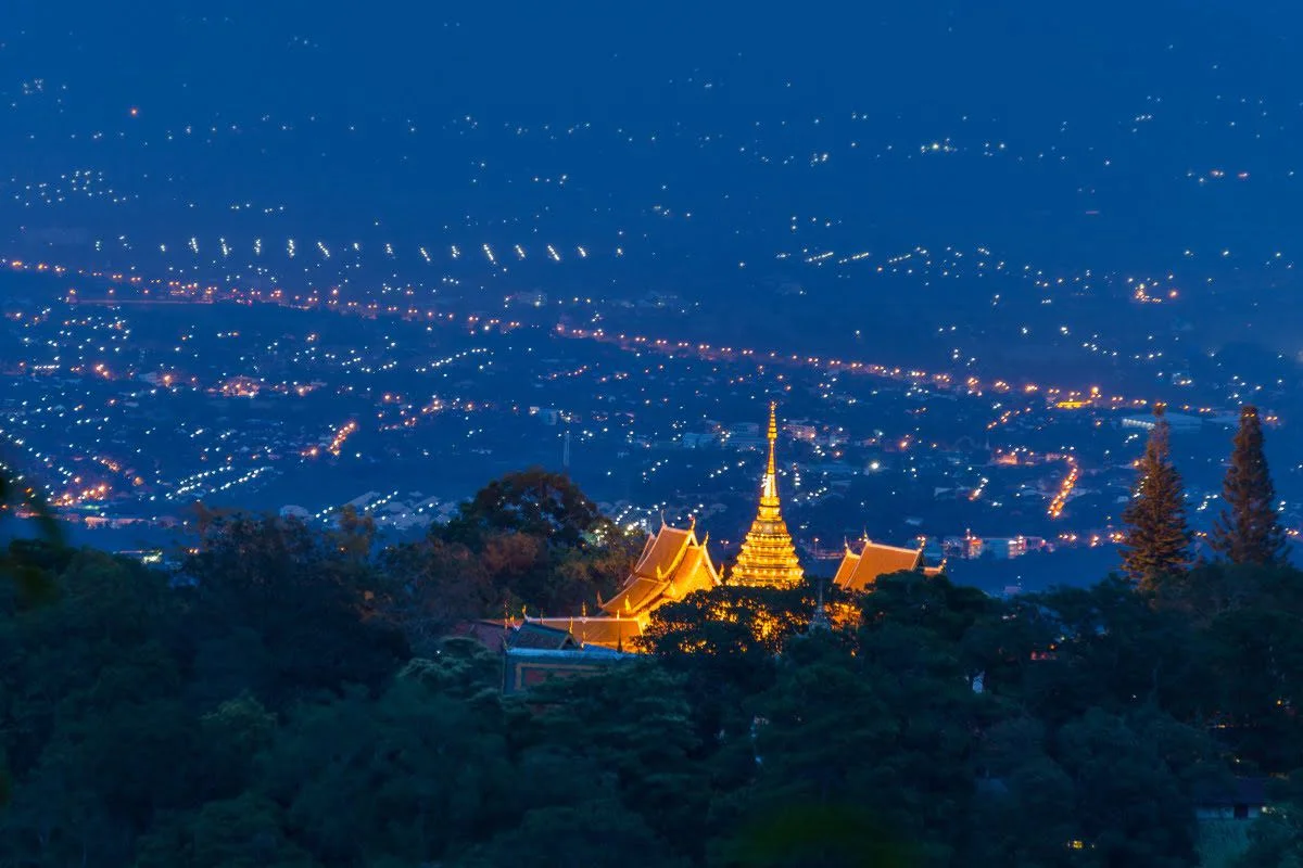 Doi Suthep Temple at dusk overlooking Chiang Mai city