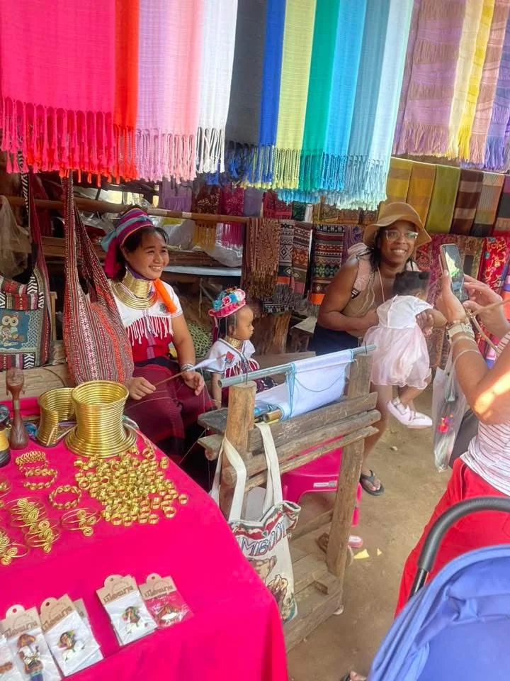 Long Neck Karen village visit with colorful textiles