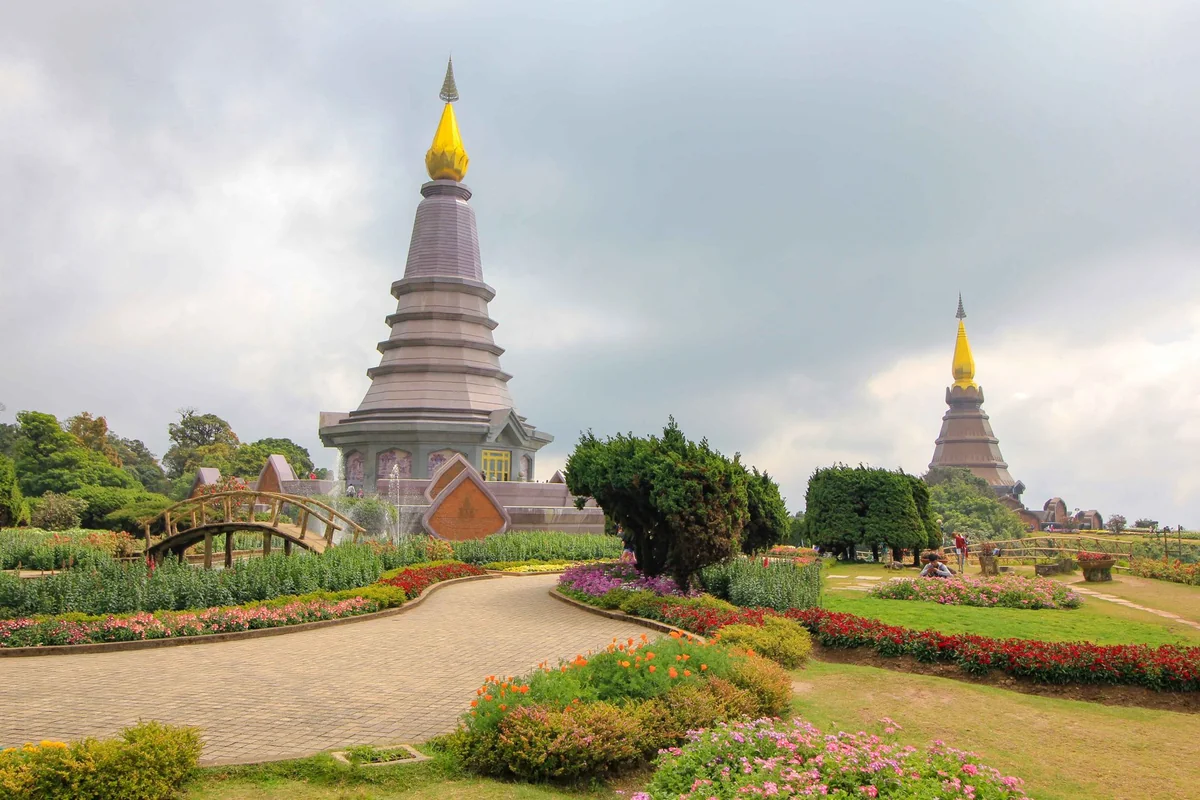 King and Queen Pagodas with colorful flower gardens