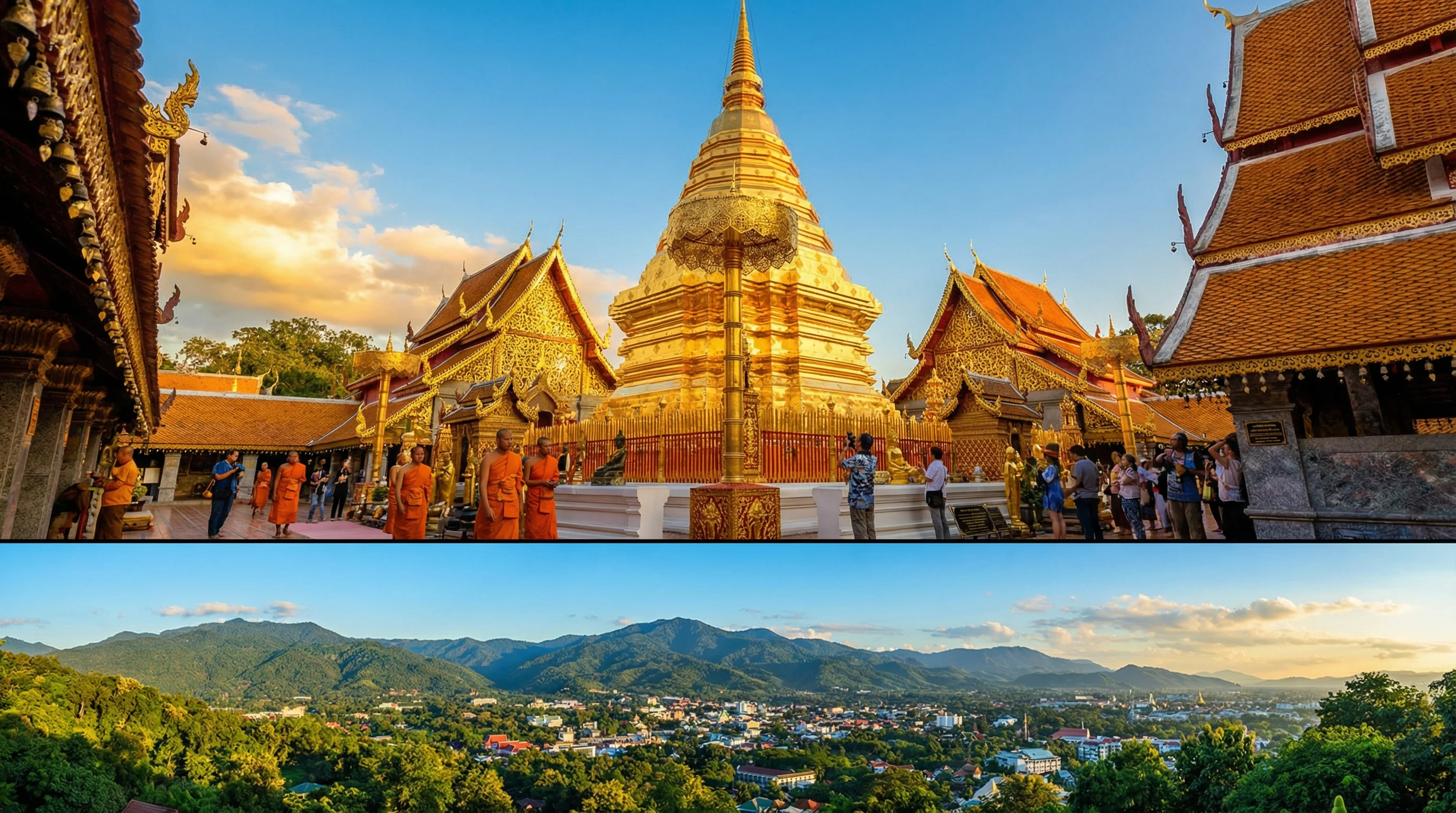 Doi Suthep Temple golden pagoda at sunset with city views